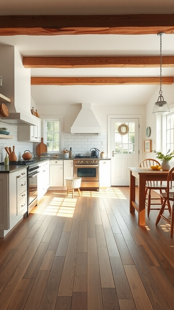 A rustic kitchen featuring wide plank flooring, white cabinetry, and wooden beams.