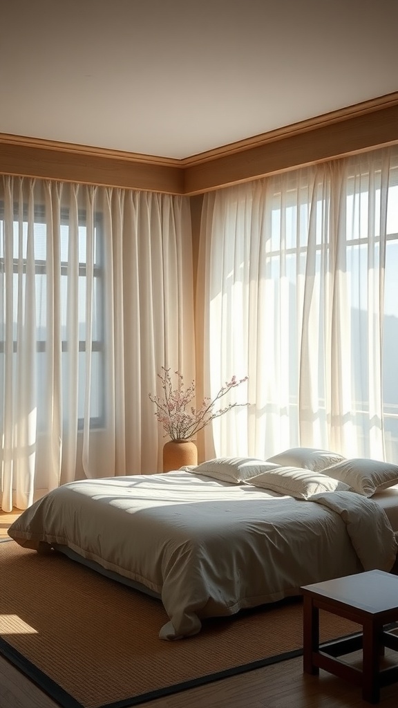 A cozy Japandi bedroom with sheer curtains allowing natural light to filter in, a neatly made bed, and a simple vase with flowers.