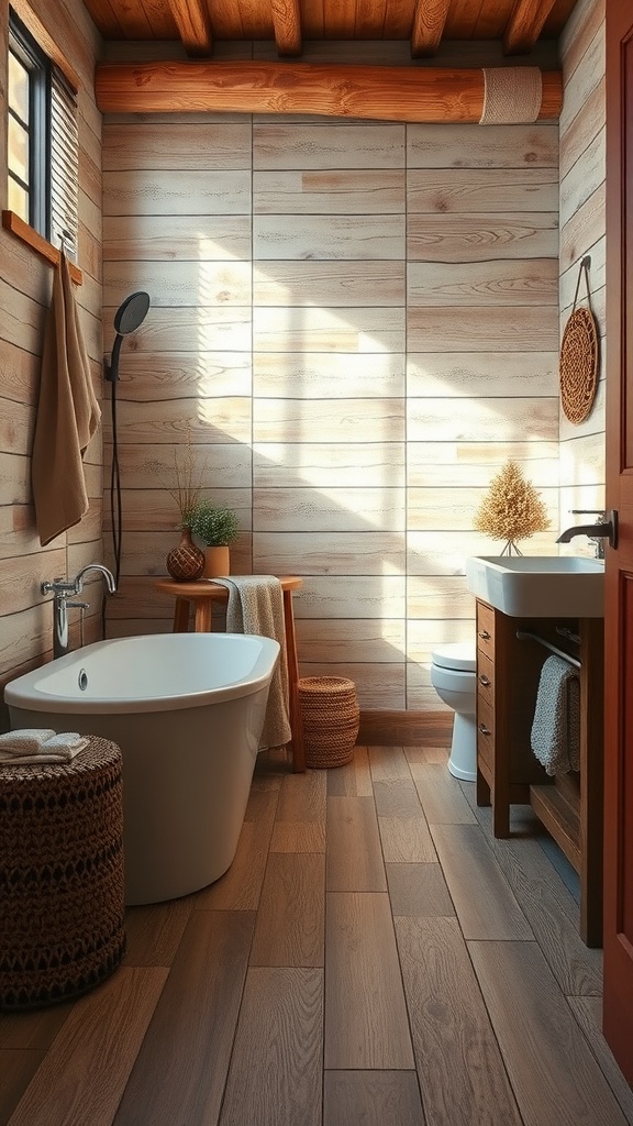 A cozy bathroom featuring wood-look tile flooring, a freestanding tub, and wooden accents.