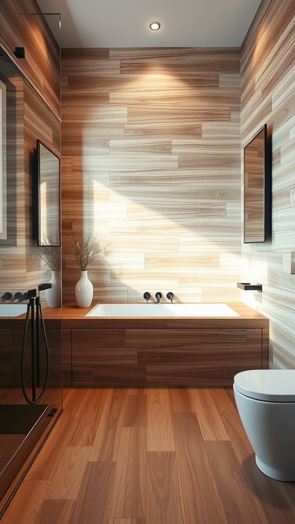 Modern bathroom featuring wood-look tiles, combining warmth and style