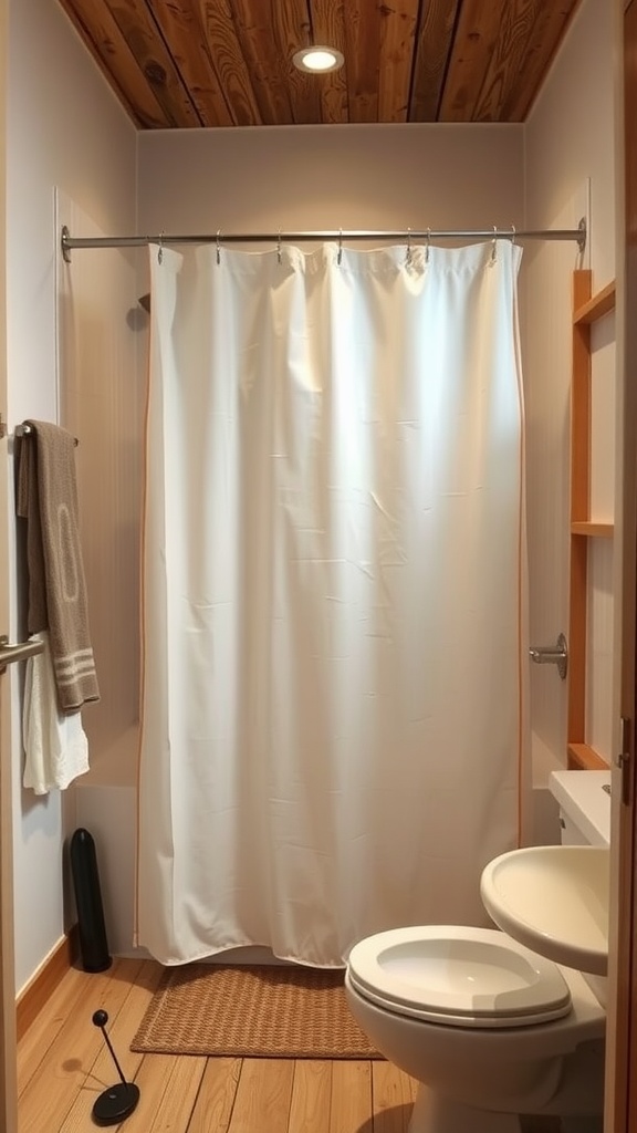 Image of a bathroom with a wooden framed shower curtain, showcasing a rustic design with wooden ceiling and simple decor.