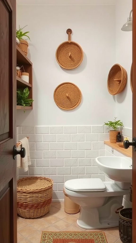 A rustic bathroom featuring woven baskets for storage and decor