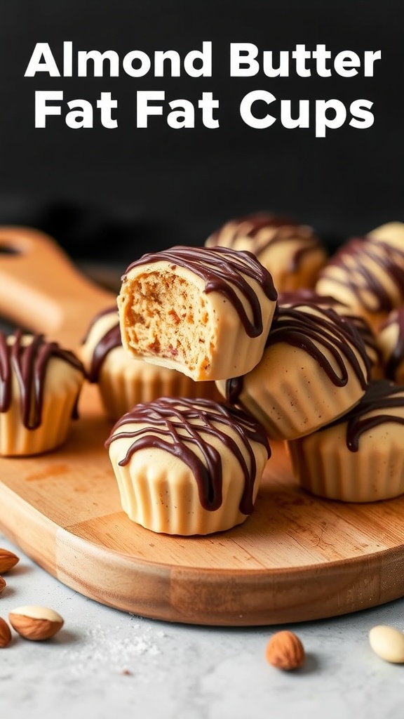 Almond Butter Cup Fat Bombs on a wooden cutting board.
