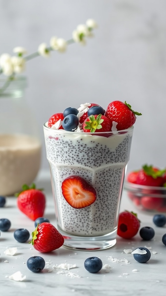 A glass of berry coconut chia pudding topped with strawberries and blueberries.
