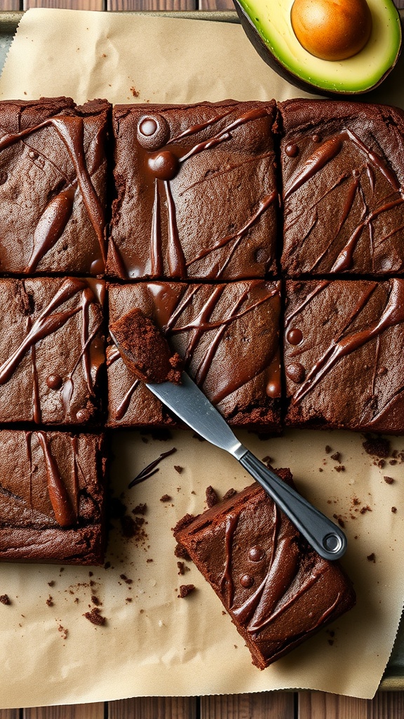 Delicious chocolate avocado brownies with a glossy top and a slice of avocado on the side.
