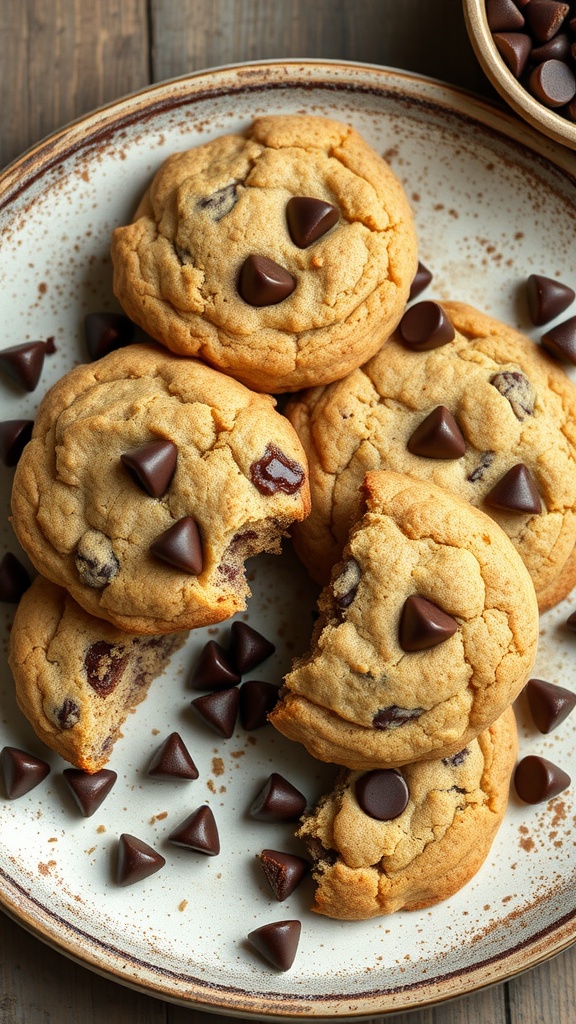 Plate of coconut flour chocolate chip cookies with some chocolate chips scattered around.
