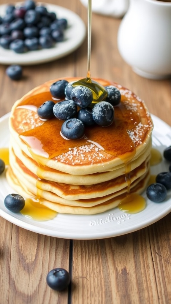 A stack of blueberry pancakes with syrup and blueberries on a wooden table.