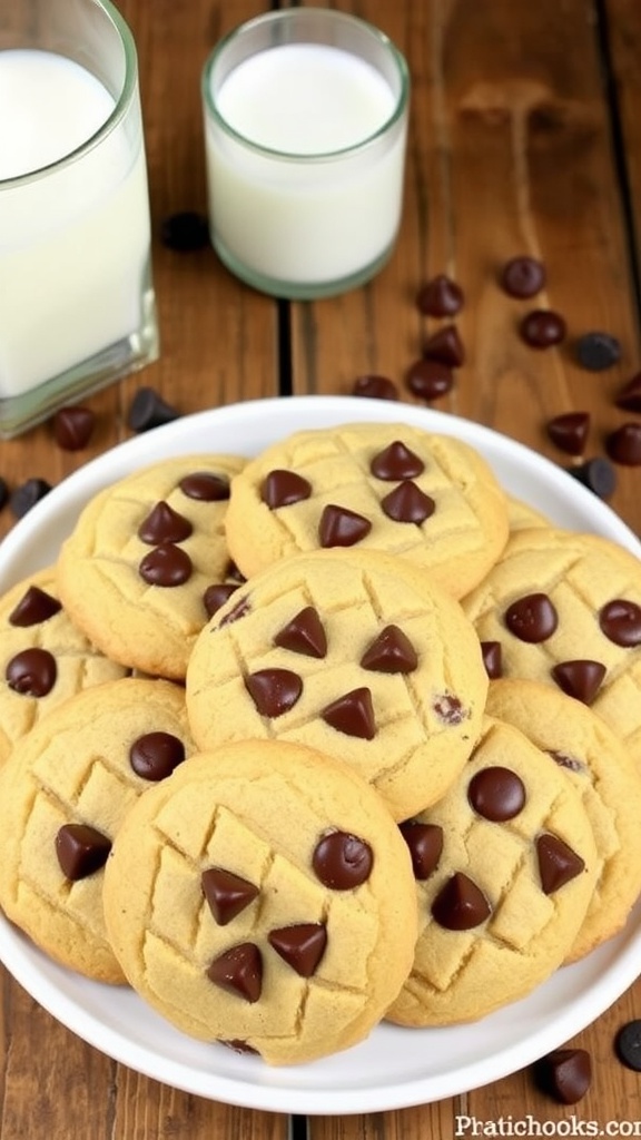 A plate of keto coconut flour chocolate chip cookies with chocolate chips, on a rustic table with a glass of almond milk.