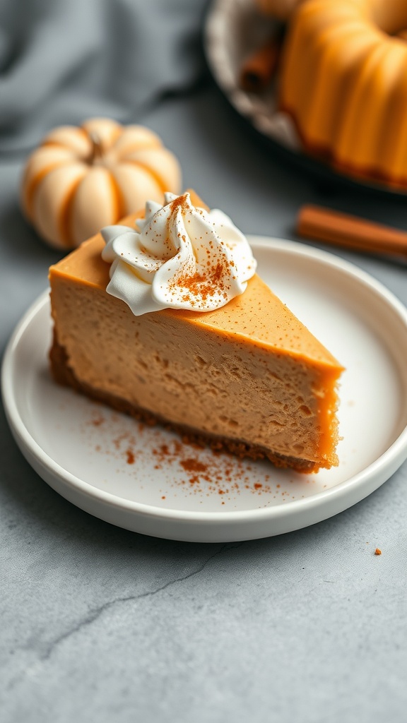 A slice of keto pumpkin spice cheesecake with whipped cream on top, garnished with cinnamon.