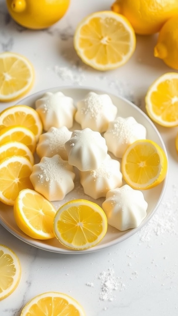 A plate of Lemon Cream Cheese Fat Bombs surrounded by lemon slices.