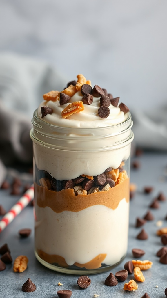 A jar filled with layers of whipped cream and peanut butter, topped with chocolate chips and nuts.
