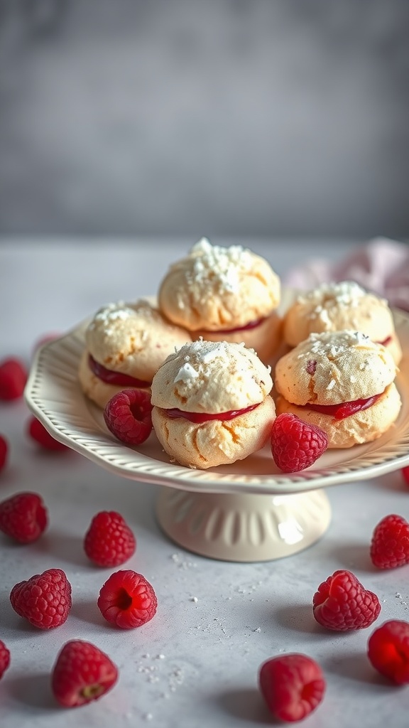 A plate of raspberry coconut macaroons surrounded by fresh raspberries.