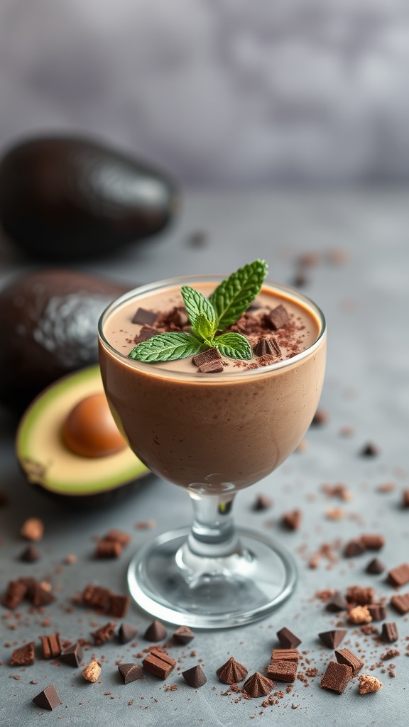 A delicious chocolate avocado mousse garnished with mint leaves and chocolate pieces.