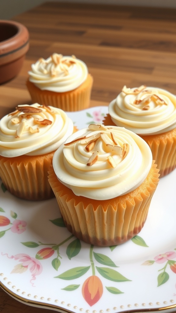 Four vanilla almond flour cupcakes topped with cream cheese frosting and almond slivers on a floral plate.