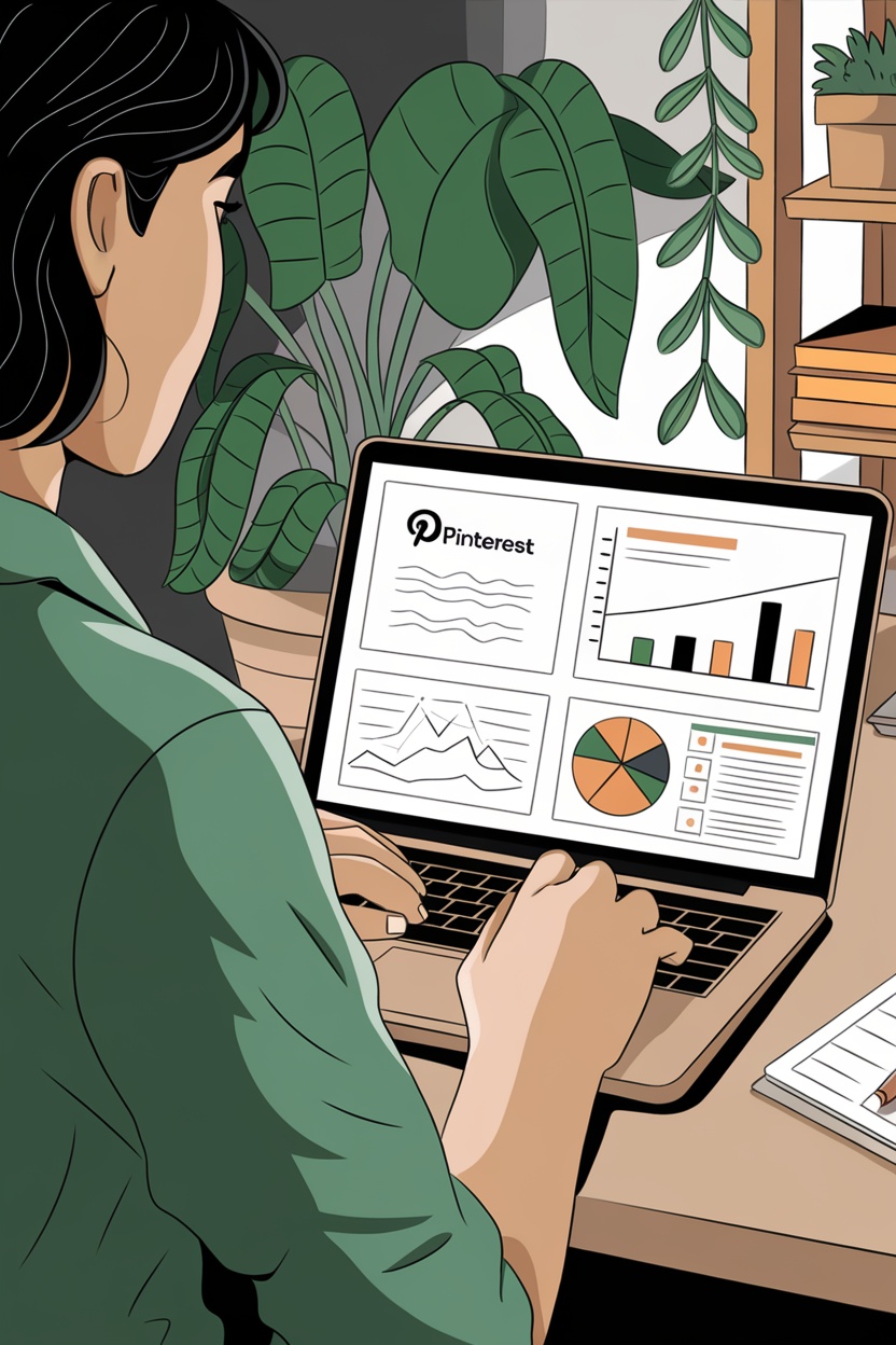 A person analyzing Pinterest analytics on a laptop, with charts and graphs displayed.