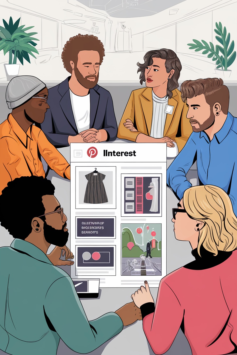 A diverse group of people collaborating around a Pinterest board.