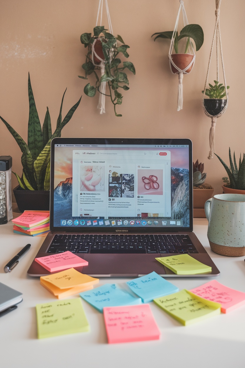 A workspace with a laptop displaying Pinterest, surrounded by colorful sticky notes and a cozy plant setup.