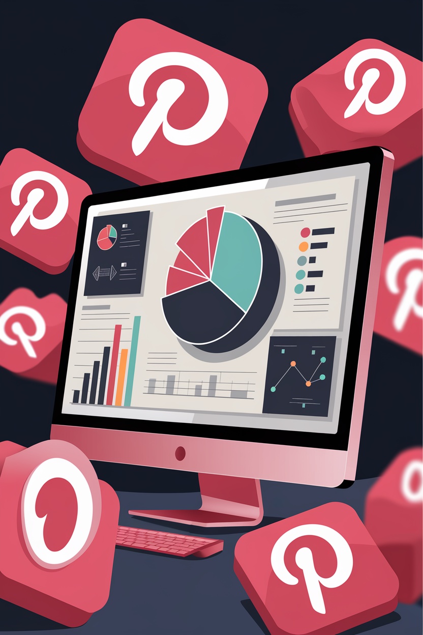 Illustration of a computer displaying Pinterest analytics with Pinterest icons around.