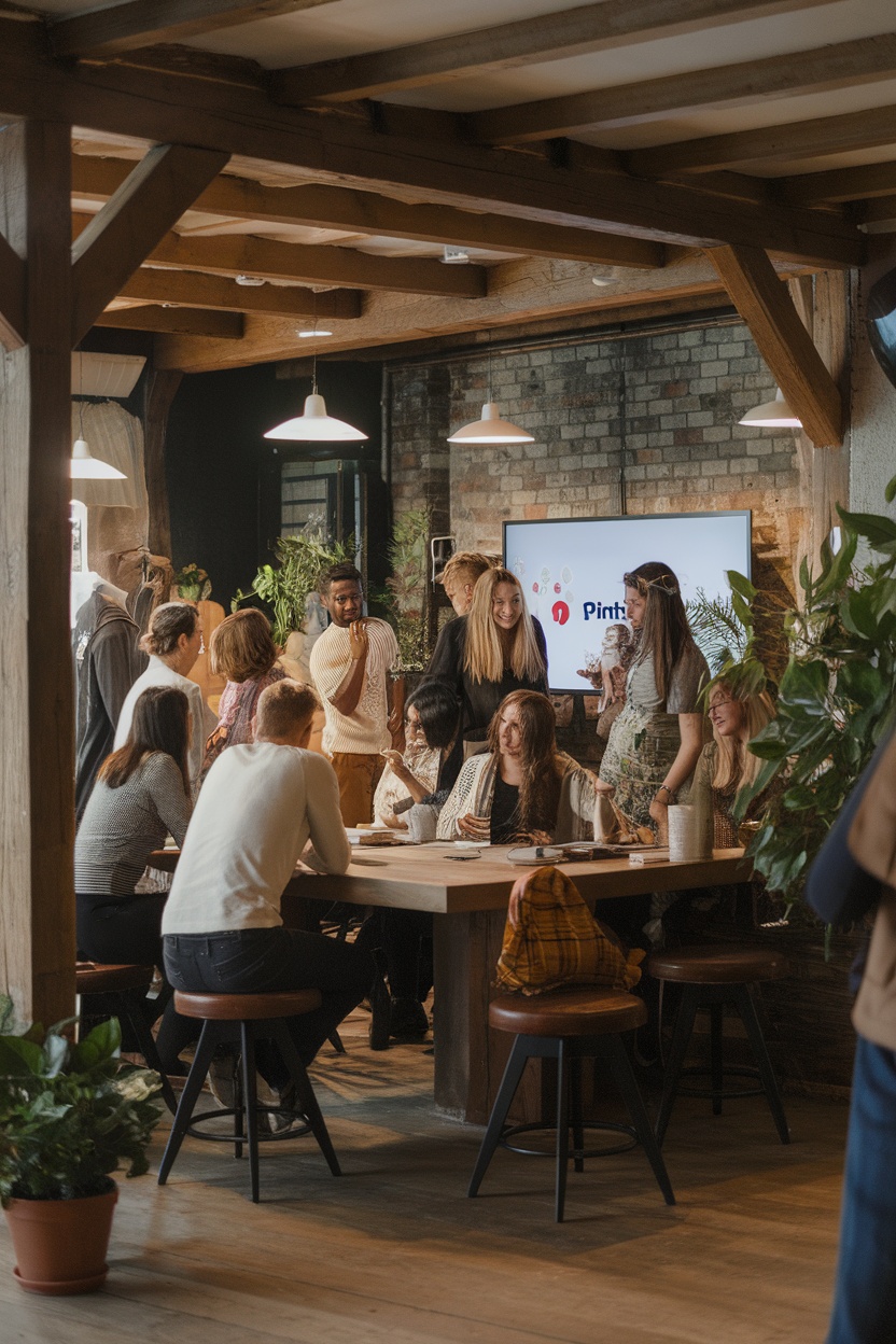 A group of people engaged in discussion around a table with a Pinterest logo displayed on a screen.