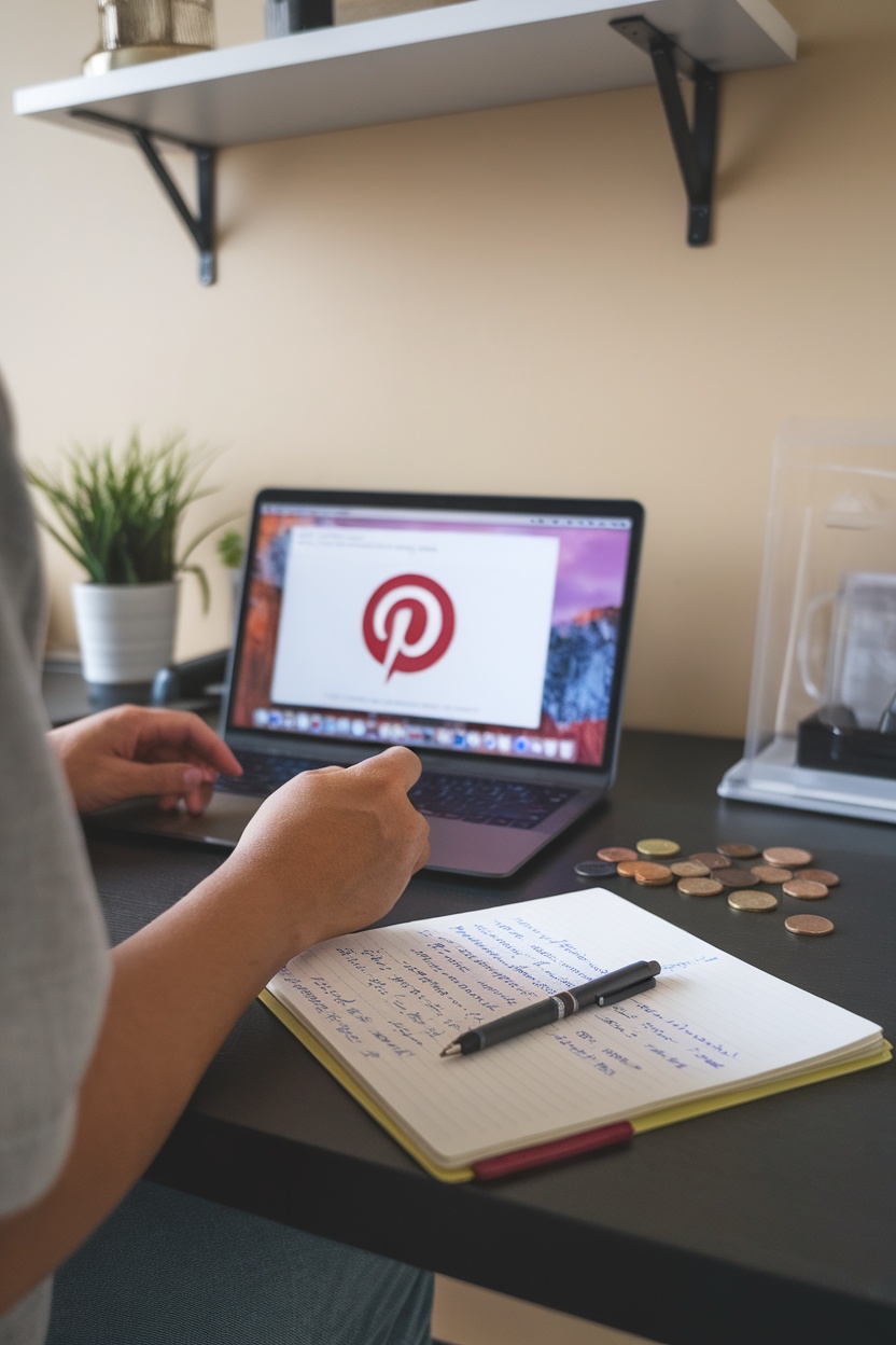 A person working on a laptop with Pinterest logo and notes on a desk