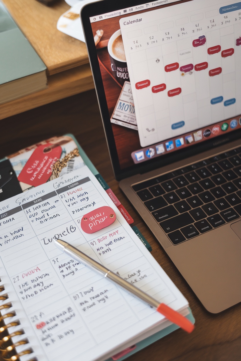 A planner and a laptop displaying a calendar for scheduling Pinterest posts.