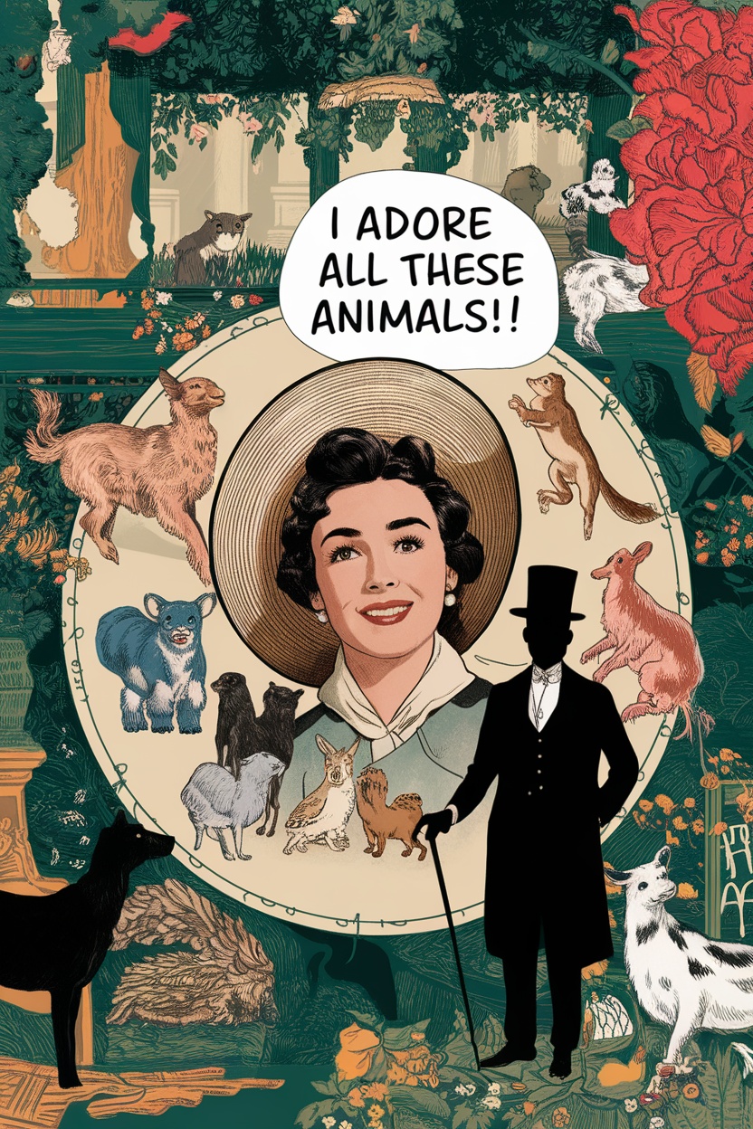 An illustration featuring a woman expressing her love for animals surrounded by various illustrated animals.