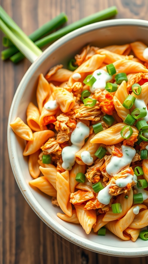 A bowl of Buffalo Chicken Pasta Salad with pasta, shredded chicken, creamy dressing, and green onions.
