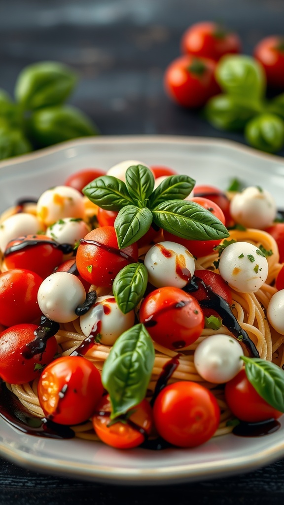 A delicious Caprese Pasta Salad featuring cherry tomatoes, mozzarella balls, and fresh basil.
