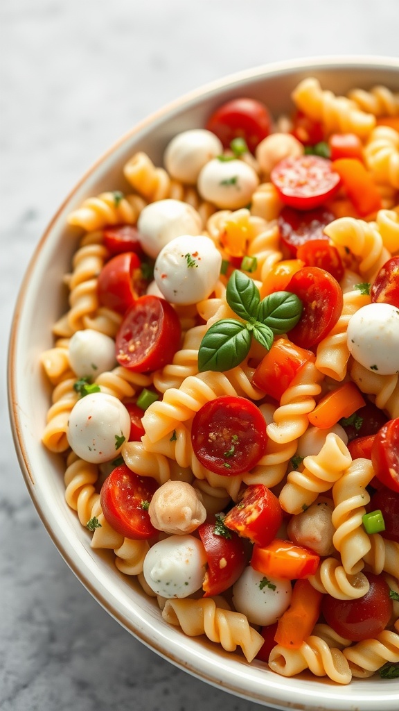 A bowl of Classic Italian Pasta Salad featuring rotini pasta, cherry tomatoes, mini mozzarella balls, and bell peppers, garnished with basil.