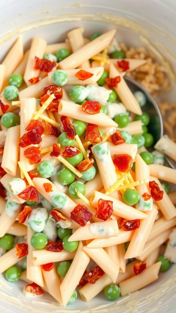 A bowl of creamy ranch pasta salad with bacon, featuring pasta, green peas, and bits of bacon.