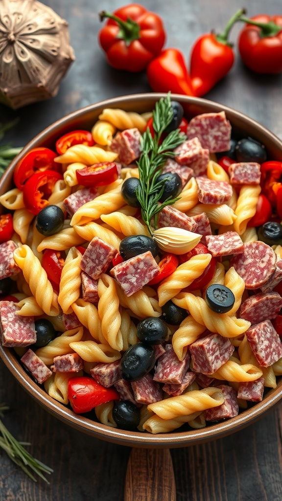 A colorful bowl of Italian Antipasto Pasta Salad with spiral noodles, salami, black olives, and cherry tomatoes.