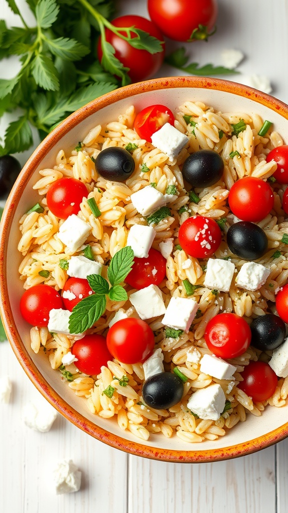 A bowl of Mediterranean Orzo Salad with cherry tomatoes, black olives, and feta cheese on a wooden table.