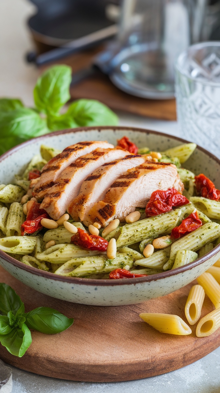 A bowl of pesto penne salad with grilled chicken, cherry tomatoes, and fresh basil.
