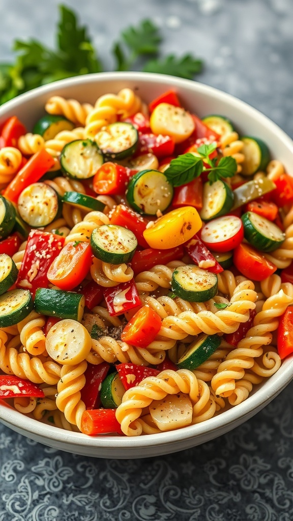 A bowl of roasted vegetable pasta salad with colorful veggies and spiral pasta.