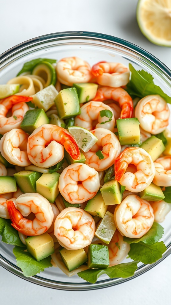 A bowl of shrimp and avocado pasta salad with lime.