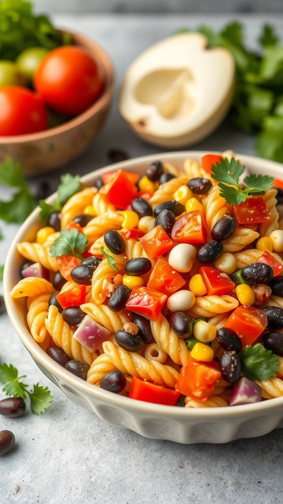 A bowl of Southwestern pasta salad with black beans, corn, and colorful peppers, garnished with cilantro.
