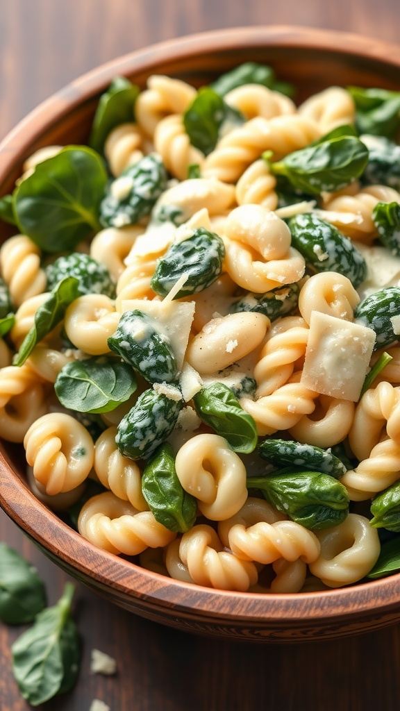 A bowl of Spinach and Artichoke Pasta Salad with creamy dressing and Parmesan