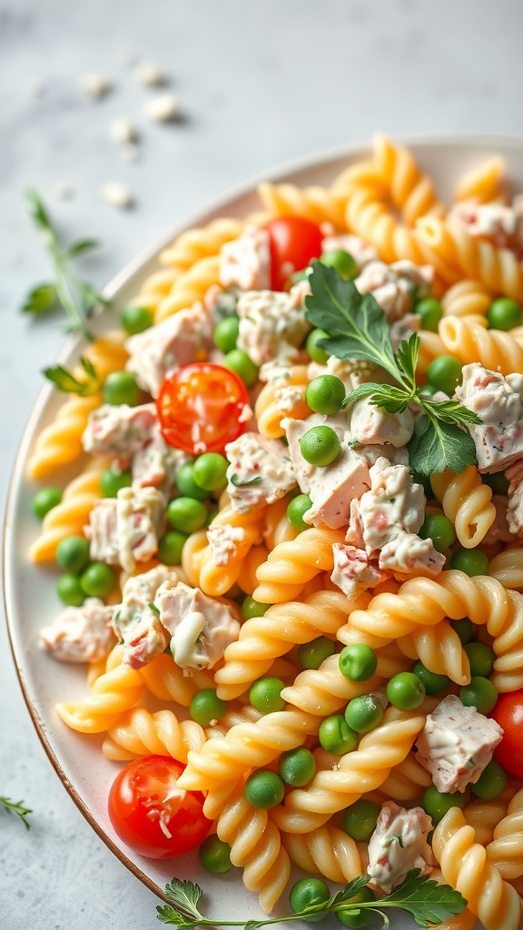 A plate of Tuna Pasta Salad with Peas and Mayonnaise, featuring rotini pasta, green peas, cherry tomatoes, and creamy dressing.
