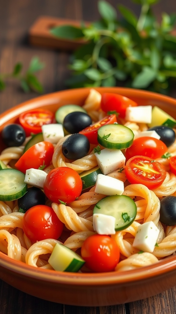 A vibrant bowl of Vegetarian Greek Pasta Salad with colorful vegetables and pasta.