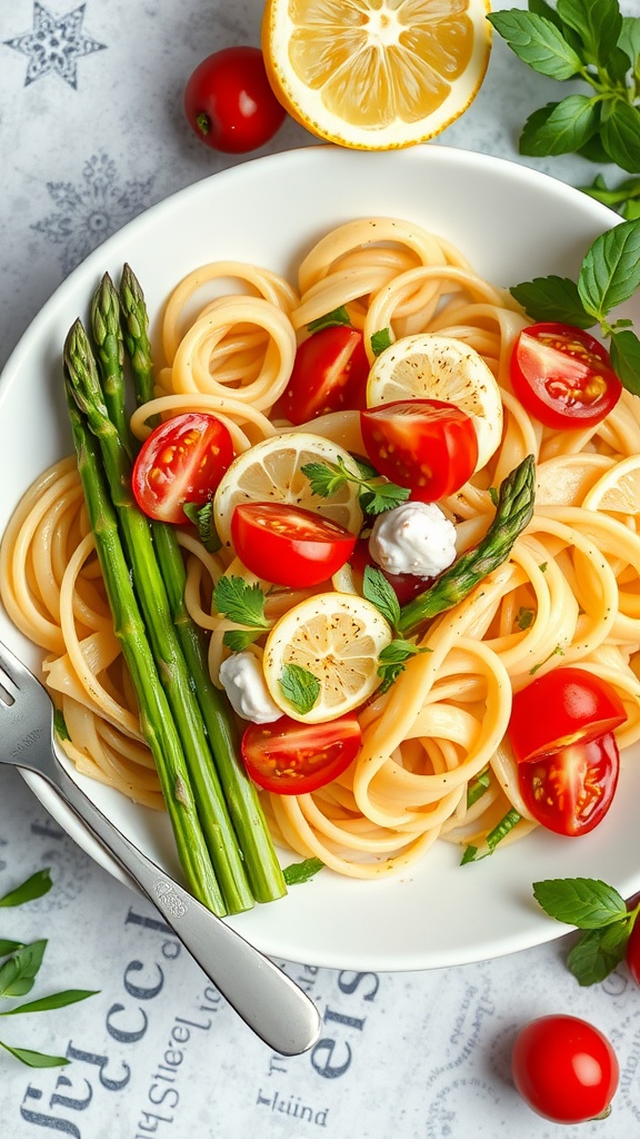 A plate of Zesty Lemon Pasta Salad with Asparagus, featuring pasta, cherry tomatoes, lemon slices, and asparagus.