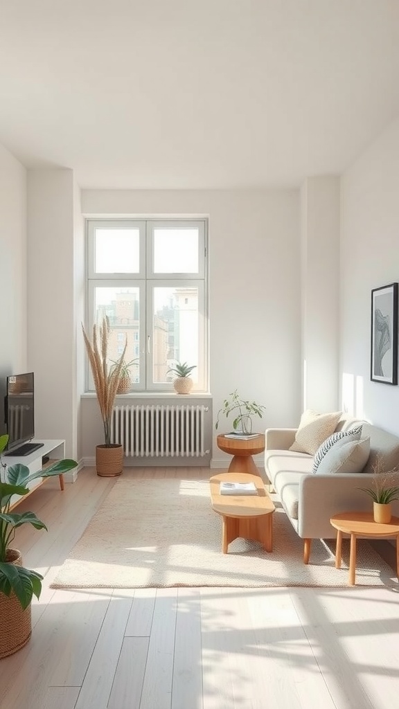 A bright minimalist living room with a light-colored sofa, wooden furniture, plants, and ample natural light.