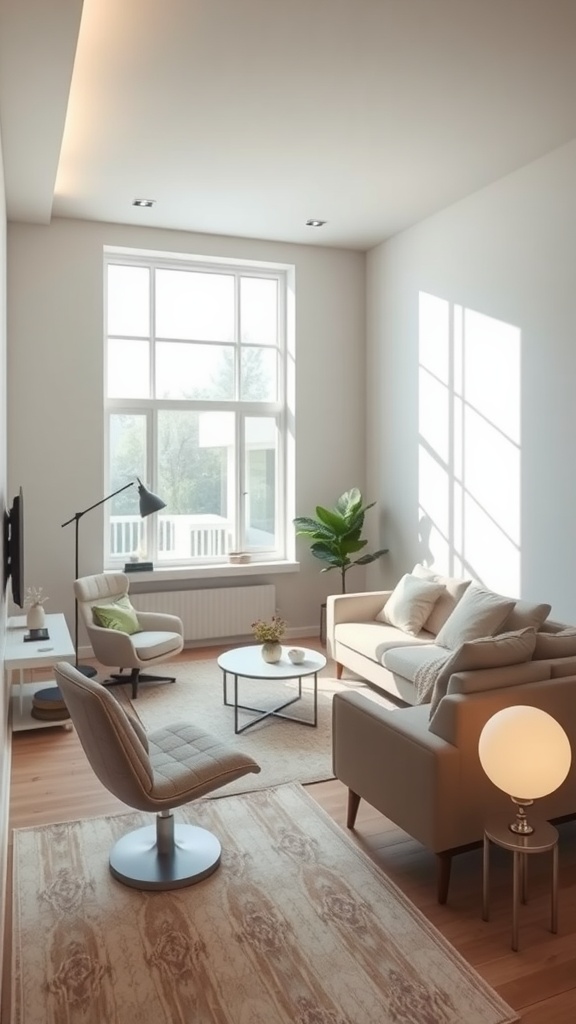 A small minimalist living room with large windows, natural light, and cozy furniture.