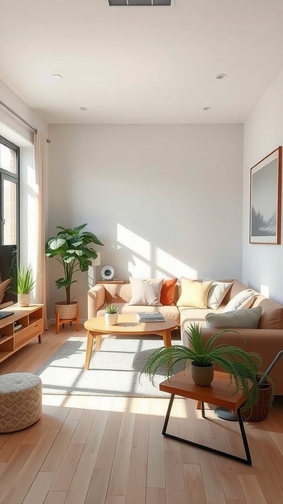 A cozy small minimalist living room featuring a light sofa, wooden coffee table, plants, and soft natural lighting.