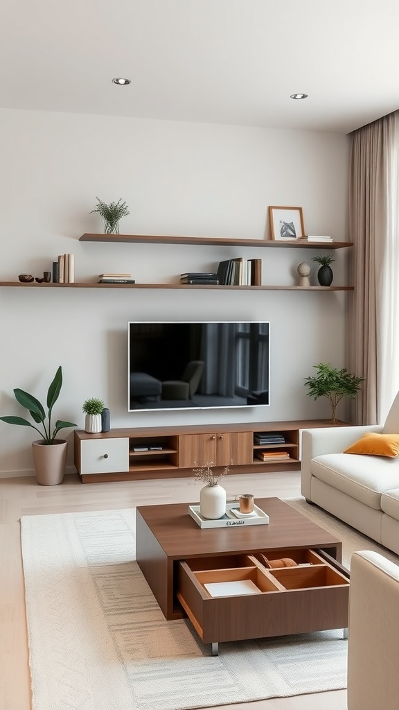 Minimalist living room with floating shelves, a coffee table with storage, and plants.