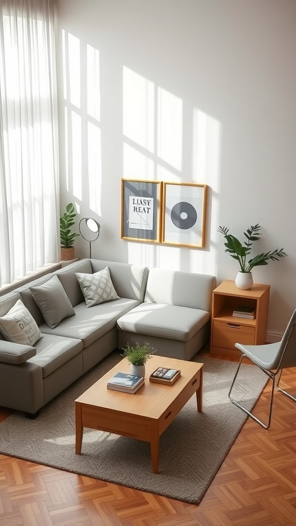 Cozy minimalist living room with gray sectional sofa, wooden coffee table, and plants.