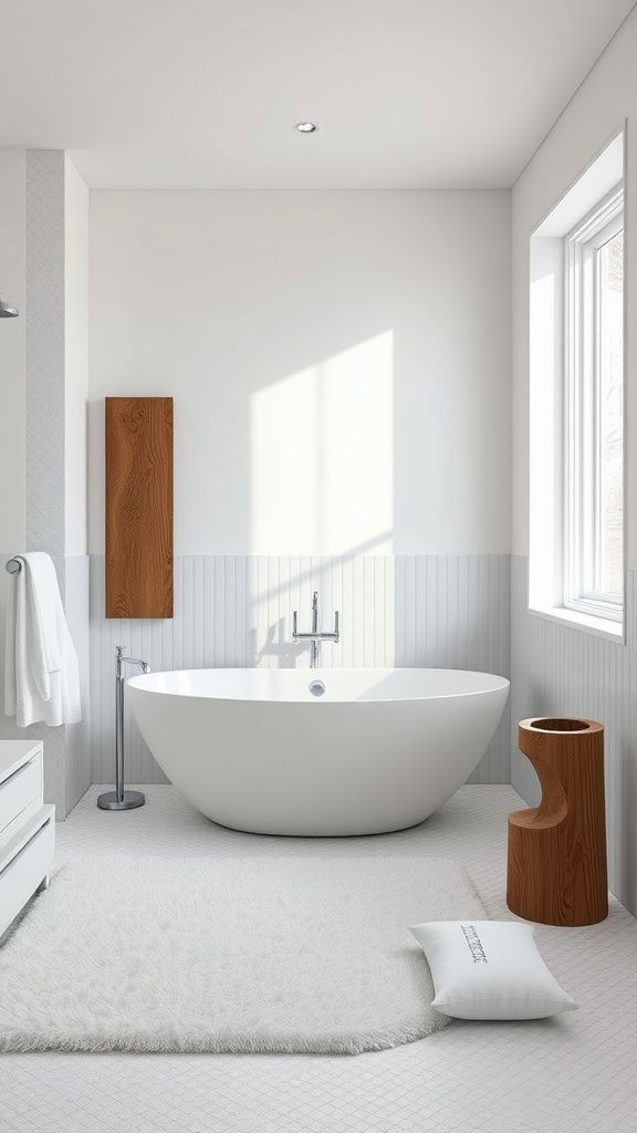 A modern all-white bathroom featuring a freestanding tub, textured walls, and wooden accents.