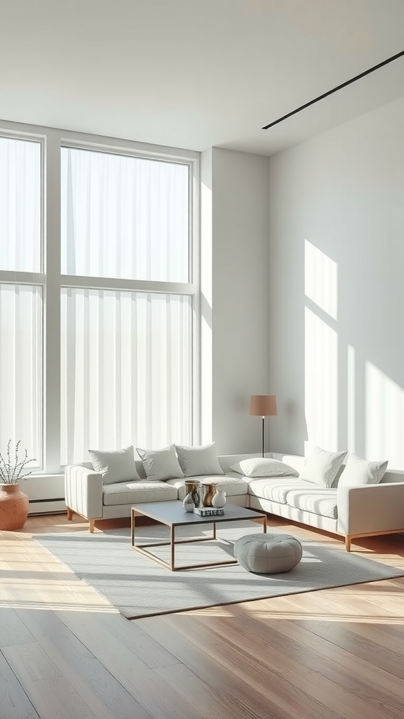 Minimalist living room with large windows, a neutral sofa, and a simple coffee table