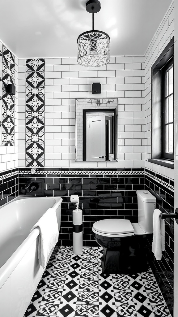 Stylish black and white bathroom featuring geometric patterns, modern fixtures, and a pop of red.