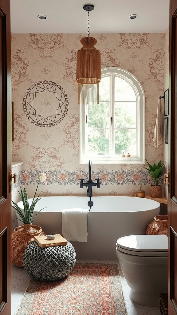 A boho bathroom featuring woven accents, plants, and warm earthy tones.