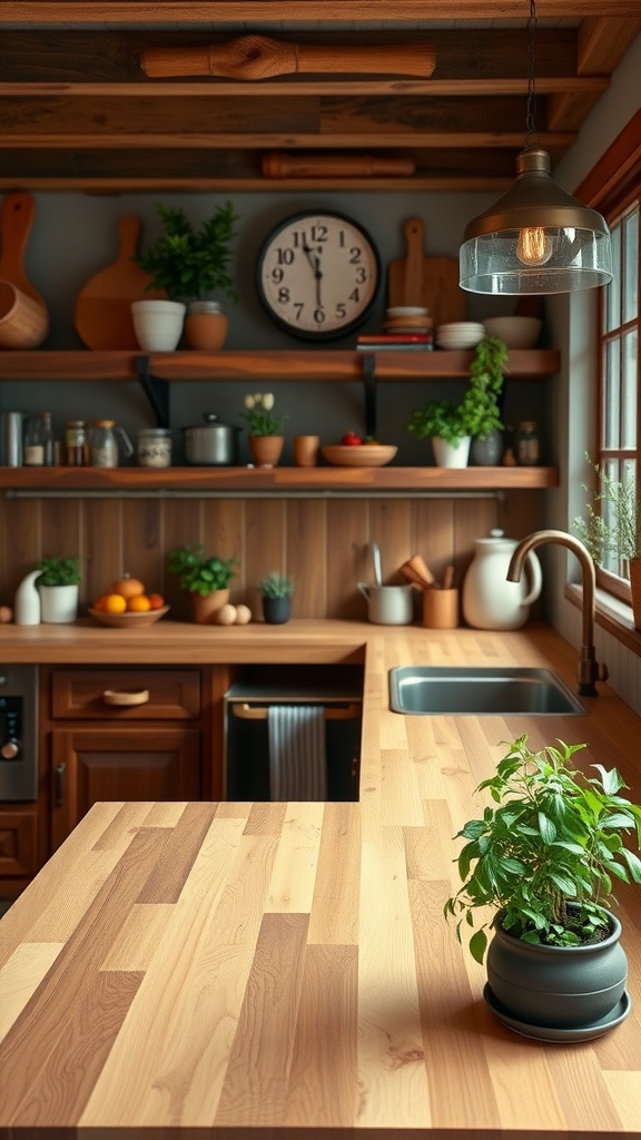 A cozy kitchen with butcher block countertops, plants, and wooden shelves.